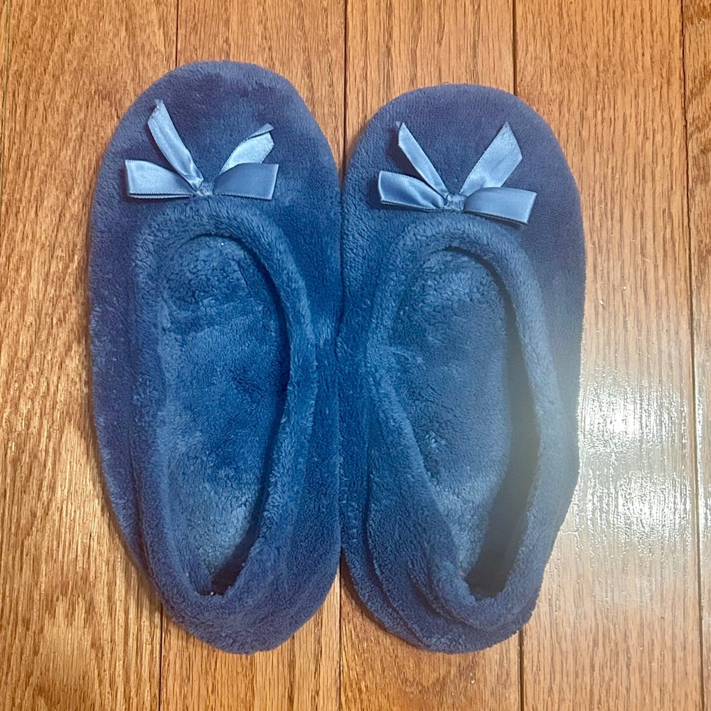 Isotoner Navy Terry Ballerina Slippers with Satin Bow Size XL 9.5-10.5 Tried x1